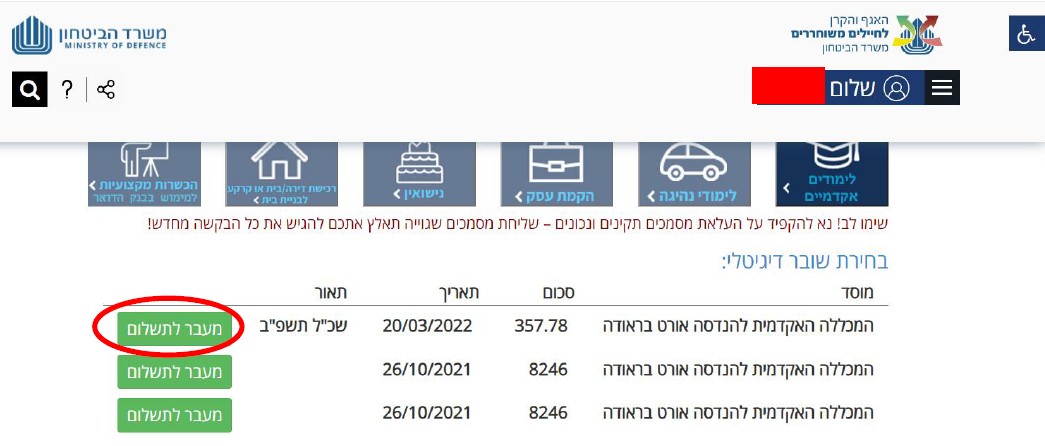 צילום מסך לחצן מעבר לתשלום כמתואר בסעיף 2.6