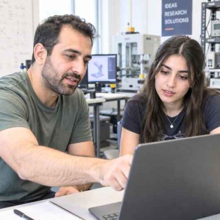 professor and student look at laptop